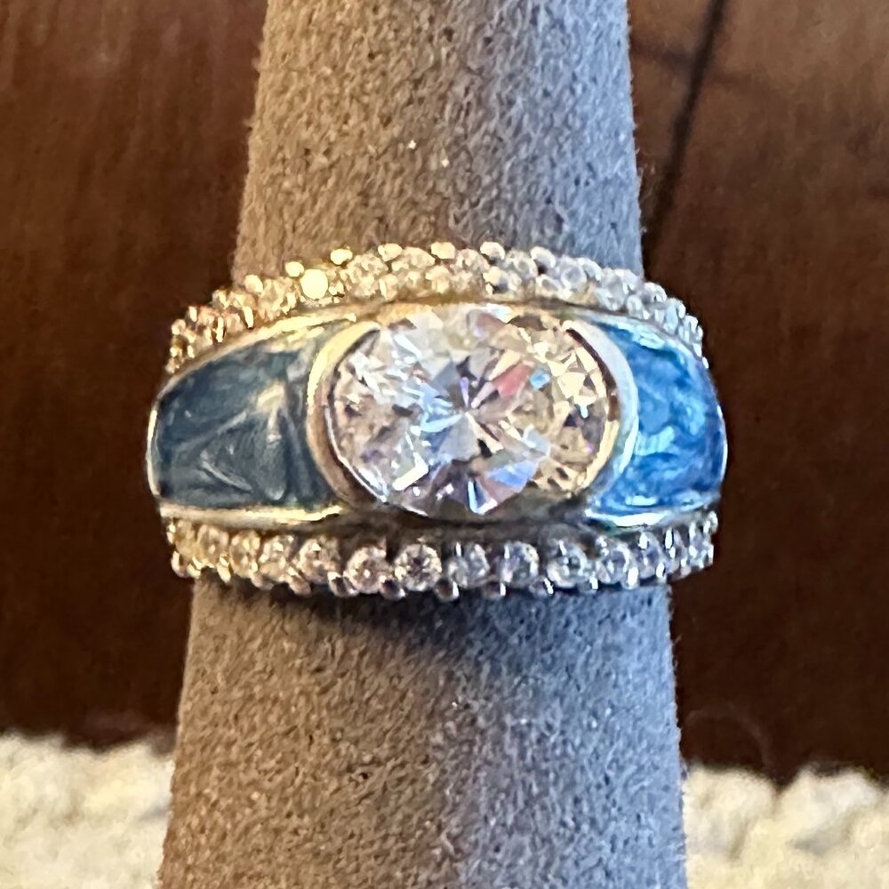 Silver Blue Resin Inlay CZ statement Cocktail ring sz 6